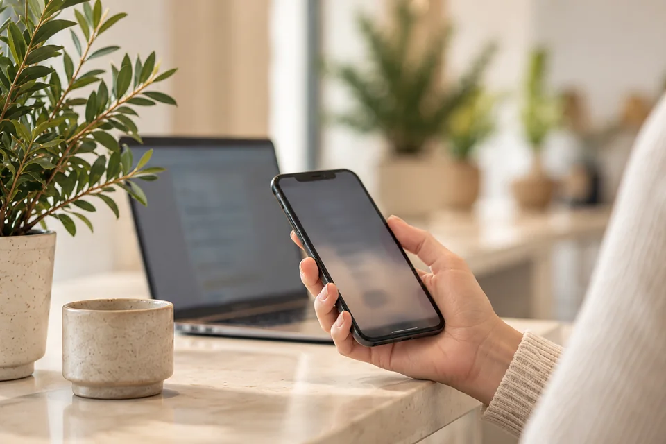 AI illustration: A hand holds a smartphone beside an open laptop.