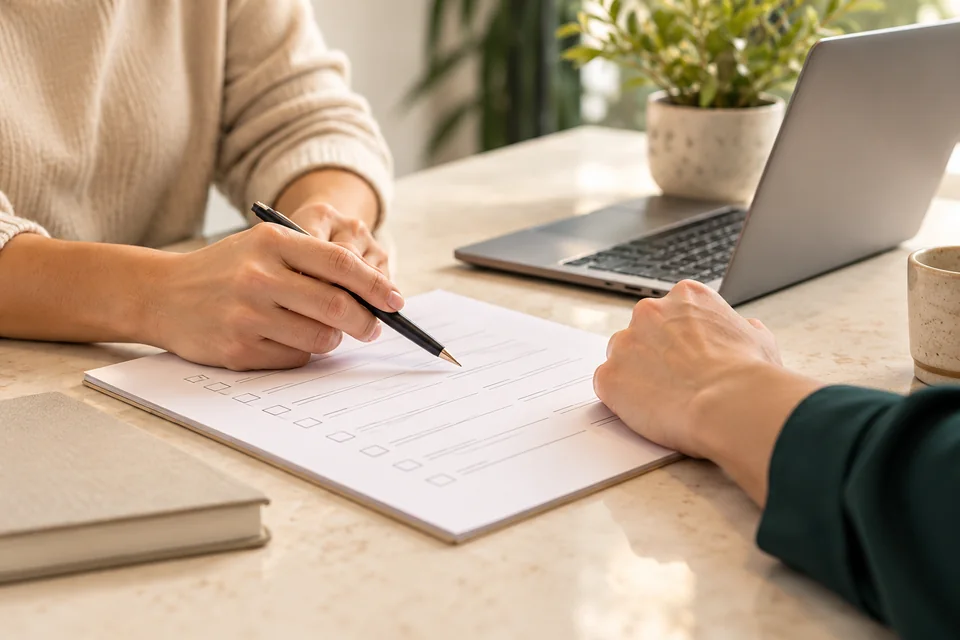 AI illustration: Two people plan together with a checklist at a desk.