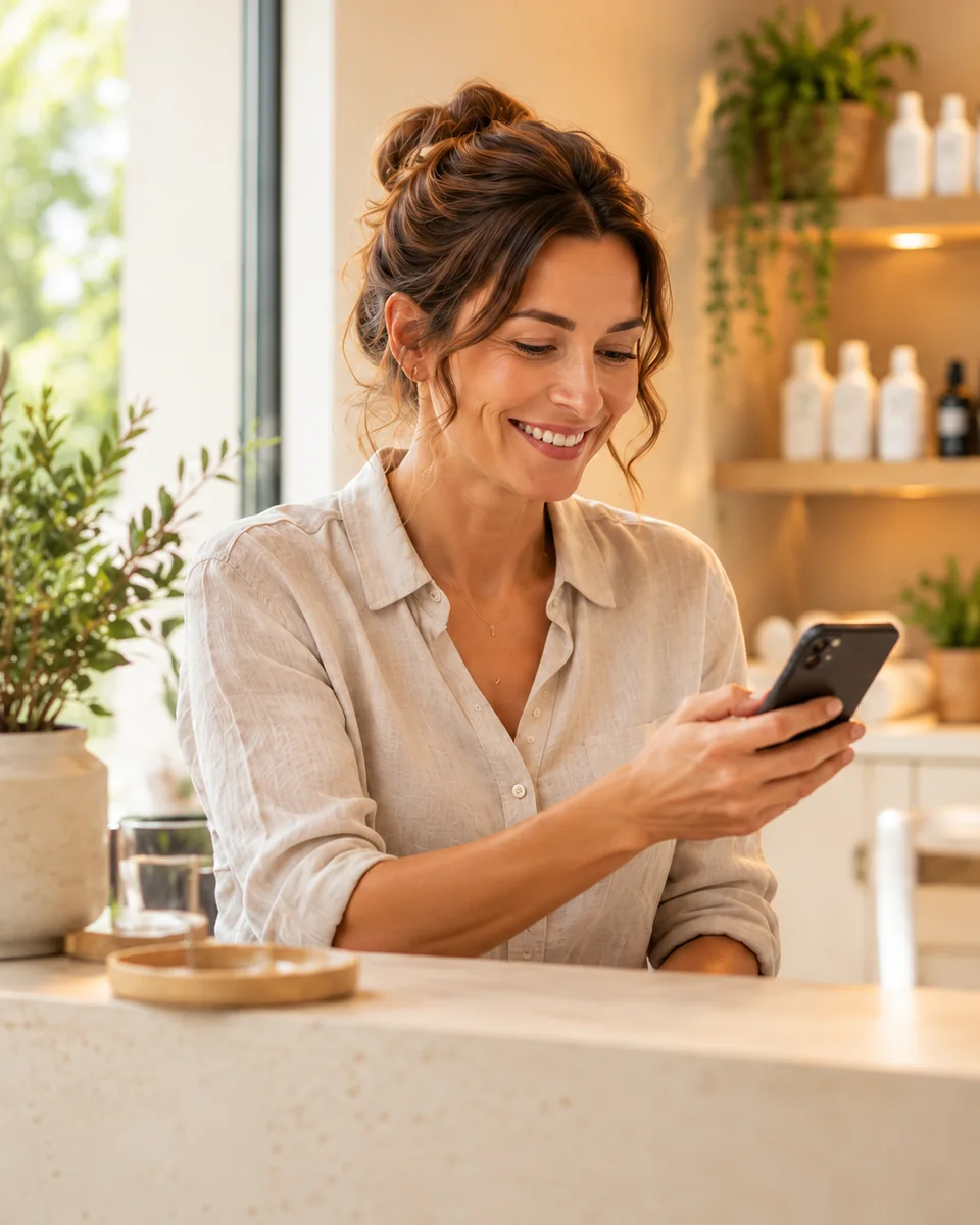 AI illustration: A studio owner smiles as she looks at her smartphone at reception.