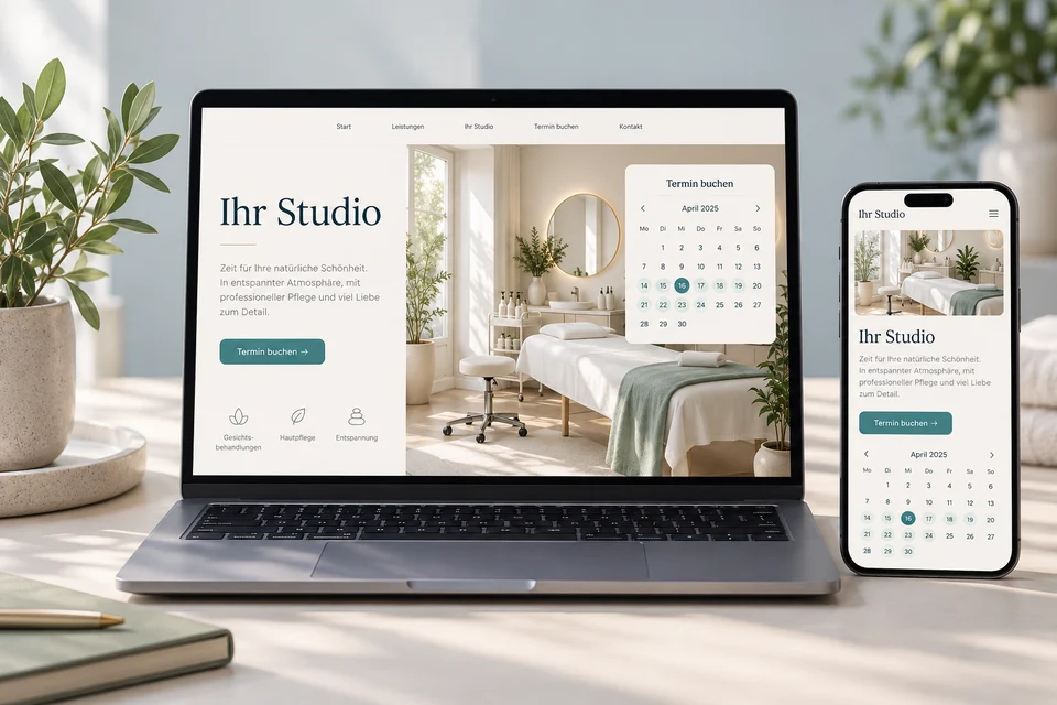 AI illustration: An example business page with appointment booking on a laptop and smartphone.