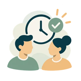 Two abstract people with a clock and checkmark for team scheduling.