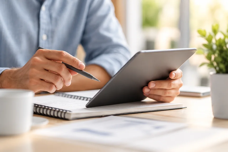 Hände mit Tablet und Notizen bei der gemeinsamen Planung – KI-Illustration.